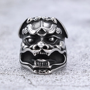 Stainless Steel Ring Kirin Mythical Beast Demon Mask Polished Oxidized Punk Gothic Retro Hip Hop Biker Jewelry For Men
