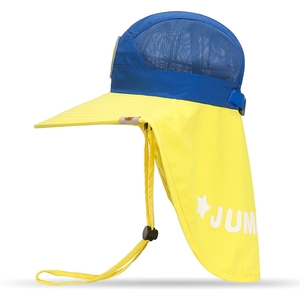 Kids wide brim sun hat with neck flap and breathable mesh in blue and yellow