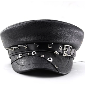 Punk style black leather military hat with silver metal spikes and eyelet strap detail