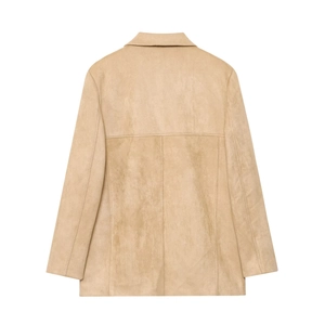 Back view of a khaki suede lapel jacket for women featuring a clean minimalist design