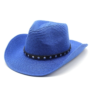 Blue straw cowboy hat with studded leather band and wide brim for sun protection