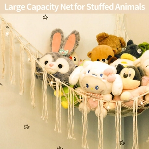 Large capacity boho macrame toy hammock with tassels and warm LED star lights