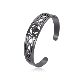 Polished black stainless steel cuff bracelet with Celtic knot cut-out design