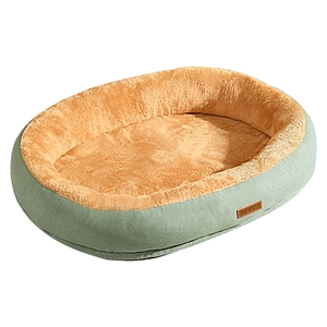 Oval plush pet bed in grey and orange for cats and dogs, durable warm soft nest