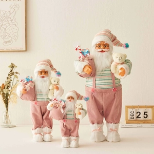 Statuetta Di Babbo Natale Rosa Con Orsetto E Sacchetto Regalo Tessuto In Velluto A Coste E Maglia Decorazione Natalizia Ornamento