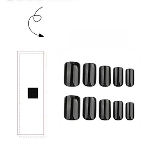 Detailed view of ten glossy black short square press-on nails arranged on a white background