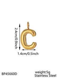 Detail view of gold stainless steel puffy letter C pendant with dimension and weight specs
