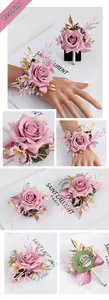 Detail view of dusty pink rose corsage and wristlet with pearl strap and gold leaves