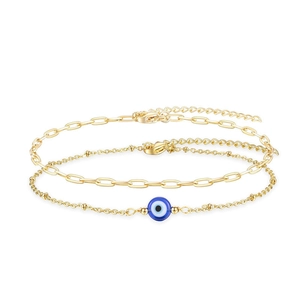 Minimalist evil eye paperclip chain bracelet in gold finish with blue bead detail