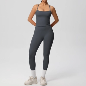 Detail of dark grey high-waist yoga set with slim strap tank top and leggings