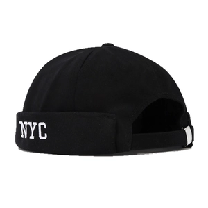 Black cotton NYC brimless docker cap with white embroidery and adjustable metal buckle