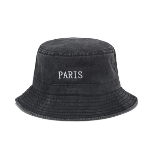 Washed grey denim bucket hat with PARIS embroidery and vintage distressed finish