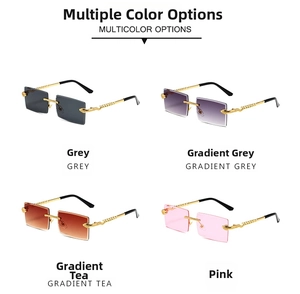 Detail of rimless square sunglasses with snake-shaped metal temples in four colors