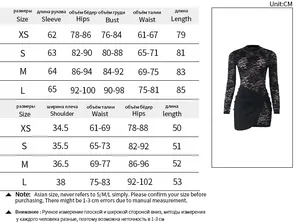 Detailed size guide table for long sleeve lace dress including XS to L measurements