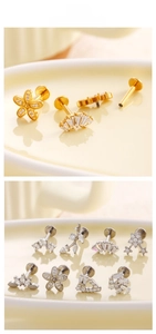 Detailed view of titanium flat back labret studs with zircon star and flower designs