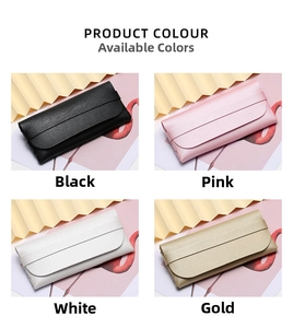 Litchi pattern leather sunglasses pouch shown in black, pink, white, and gold colors