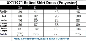Detailed size chart for the belted shirt dress with fabric composition and measurements