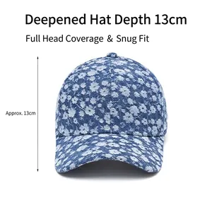 Blue denim style baseball cap with floral jacquard pattern and deep 13cm crown design