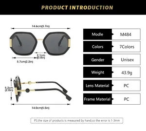 Size guide for geometric frame sunglasses showing dimensions and model M484 specs