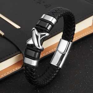 Vintage braided black leather bracelet with polished silver stainless steel X-shaped clasp