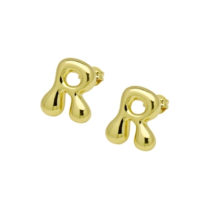 Detailed close-up of polished gold-finished alphabet letter R bubble hoop earrings
