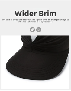 Detail of black beach sun hat featuring a wide brim and elegant pleated fabric design