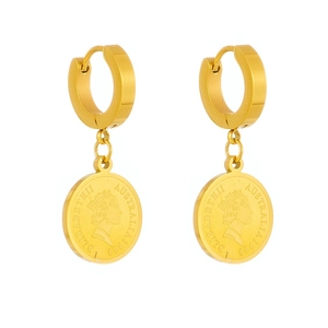18K gold plated stainless steel coin drop earrings with Queen Elizabeth II engraving