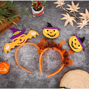 Halloween headband set with felt orange pumpkin and bats on a decorative autumn background