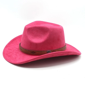 Chapeau de cowboy rose vif en faux suède avec bande en cuir marron au motif ethnique