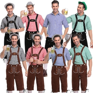Detail view of men's Oktoberfest outfits featuring checkered shirts and lederhosen sets