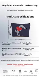 Detailed size specifications for navy linen wolf and heart printed makeup bag