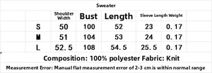 Size chart showing shoulder, bust, and length measurements for the yellow knit cardigan