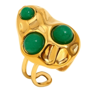 18K gold plated stainless steel open ring with hammered texture and three green stones