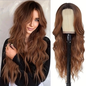 Long wavy brown lace wig with natural big curls for women shown on model and mannequin