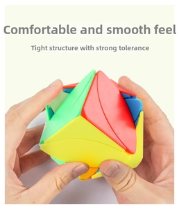 Detail of hand rotating smooth competitive irregular speed cube with vibrant colors