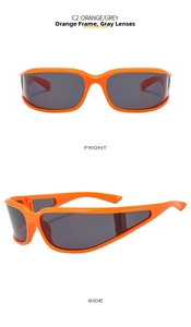 Detailed front and side view of orange sports sunglasses with grey polarized lenses