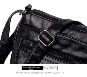 Détail de la boucle réglable en métal et de la fermeture éclair du sac à bandoulière noir