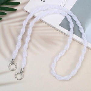 Detail of white double-strand braided phone strap with silver ring clips on a neutral background