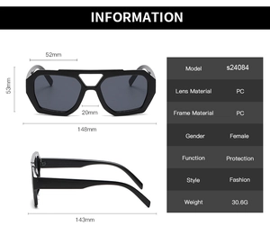 Detailed size specifications for oversize geometric sunglasses with PC frame and lens