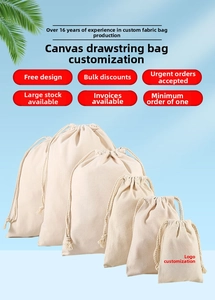 Multiple sizes of blank cotton drawstring pouches displayed in tiered sizes for storage