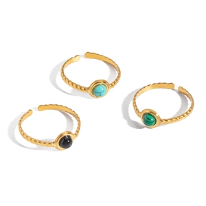 Retro stainless steel open ring with 18K gold plating and natural lapis lazuli stones