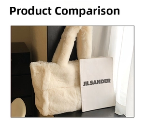Detail of soft cream plush tote bag featuring large quilted pattern and fluffy handles