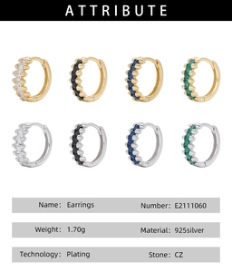 Detailed attribute chart showing 925 silver CZ stone earrings in gold and silver finishes