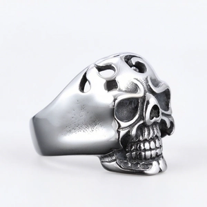 Gothic punk men's stainless steel skull ring with vintage hollow-out pattern design
