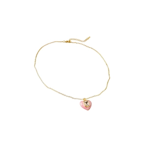 Vintage gold necklace with a pink enamel heart pendant and square zircon stone centerpiece