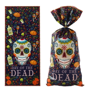 Flat and filled views of Day of the Dead candy bags with skull and marigold patterns