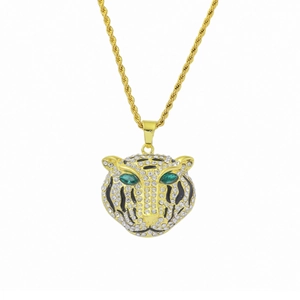 Lion Head Pendant Necklace With Green Eyes Rhinestone Alloy Stainless Steel Chain Hip Hop Iced Out Bling Jewelry For Men