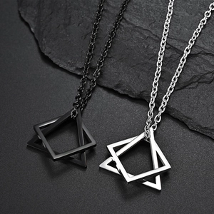 Minimalist geometric double triangle pendant necklaces in silver and black metal