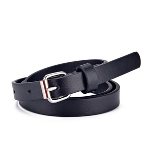 Classic black kids skinny belt featuring a silver square pin buckle on a white background