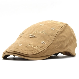 Khaki cotton beret flat cap with fashion embroidery and vintage distressed details